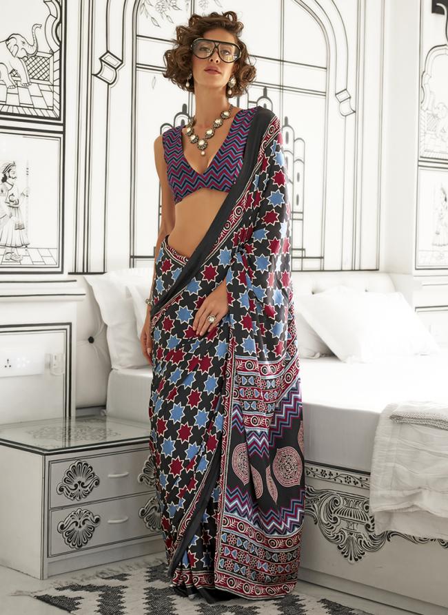 Satin Crape Black Casual Wear Ajarkh Digital Print Saree